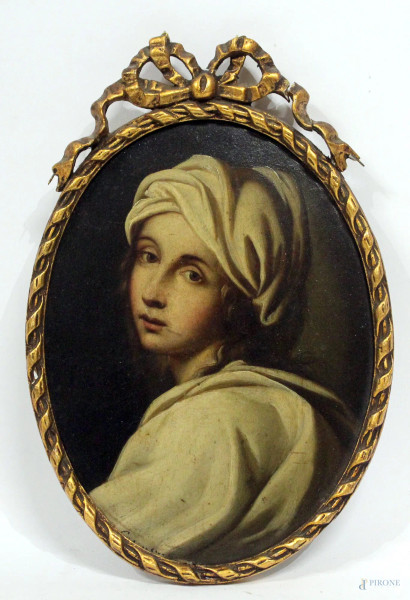 Beatrice Cenci, Da Guido Reni, olio su cartone di linea ovale, cm 20x14,5, firmato, XIX sec.