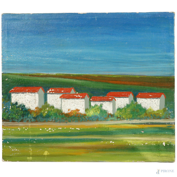 Paesaggio con case, olio su tela, XX secolo, cm 30x35 (difetti)