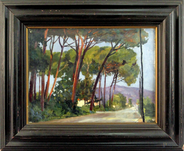 Paesaggio con strada, olio su tavola, cm. 31,5x41, firmato Marchionni, entro cornice.