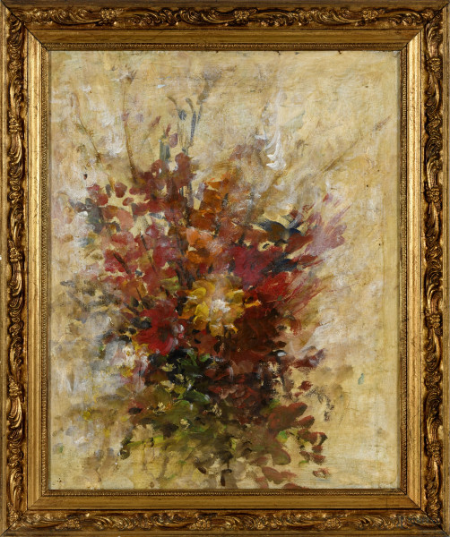 Vaso con fiori, olio su tela, XX secolo, cm 53x43 entro cornice, (difetti)