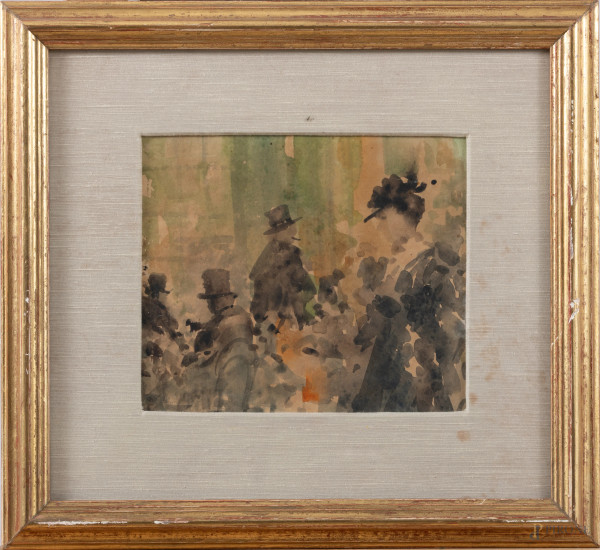 Al caffè, XX secolo, tecnica mista su carta, cm 17x20, entro cornice, (segni di usura, tracce di umidità, difetti)
