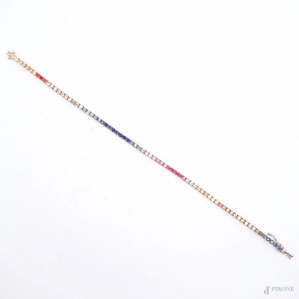 Bracciale tennis in oro rosa 18 KT con zaffiri multicolor (CT 3,40), peso gr. 9,2, lunghezza cm 18