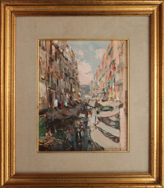 Scorcio di mercato, olio su tavola firmato, cm 23 x 19, entro cornice.