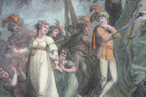 Scena in costume, stampa dall'incisione di T. Cheesmon, cm 39x30,5 con passepartout, in basso rec...