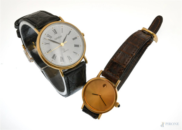 Lotto di 2 orologi da donna al quarzo (Genève con cassa in oro 18 Kt), diametro cassa cm 2,5 e cm 3, lunghezza cm 19 e cm 20,5 (meccanismi da revisionare)