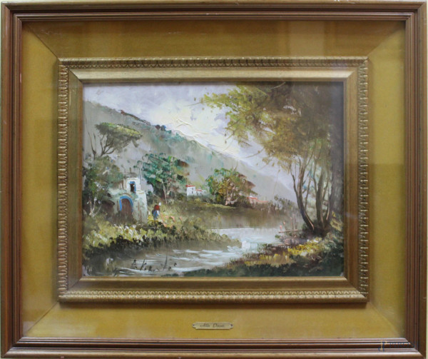 Paesaggio con figura, olio su compensato 30x40 cm,entro cornice firmato Aldo Pironti 