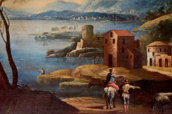 Pittore veneto del XVIII-XIX secolo, Paesaggio con viandati, olio su tela, cm 40x66,5, entro corn...