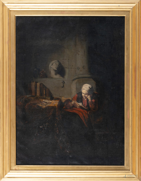 Interno di studio con anziana in lettura, XX secolo, olio su tela, cm 70x52, entro cornice, (lievi segni di usura, abrasioni)