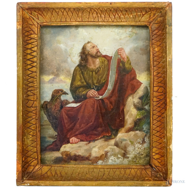 S. Giovanni Evangelista, olio su carta, cm 20x16, siglato FP, entro cornice, (difetti)