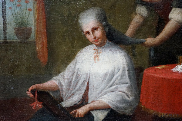 Cerchia di Pietro Longhi (Venezia, 1701 - 1785), La toeletta mattutina, olio su tela, cm 47x70