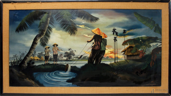 Paesaggio orientale con figure, olio su tavola, cm 60x120, firmato.