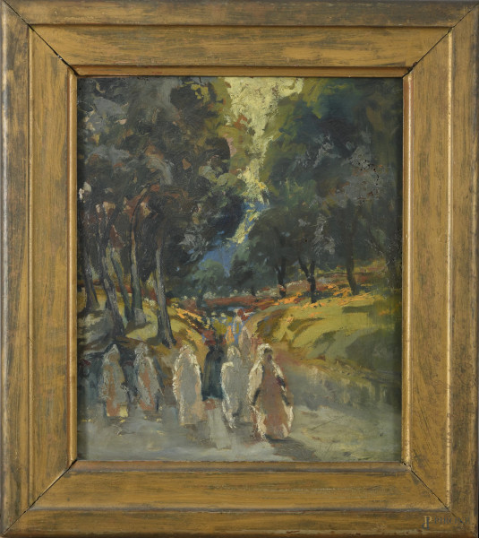 Processione, XX secolo, olio su tavoletta, cm 39x31,5, entro cornice, (segni di usura, abrasioni, cadute di colore, supporto imbarcato)