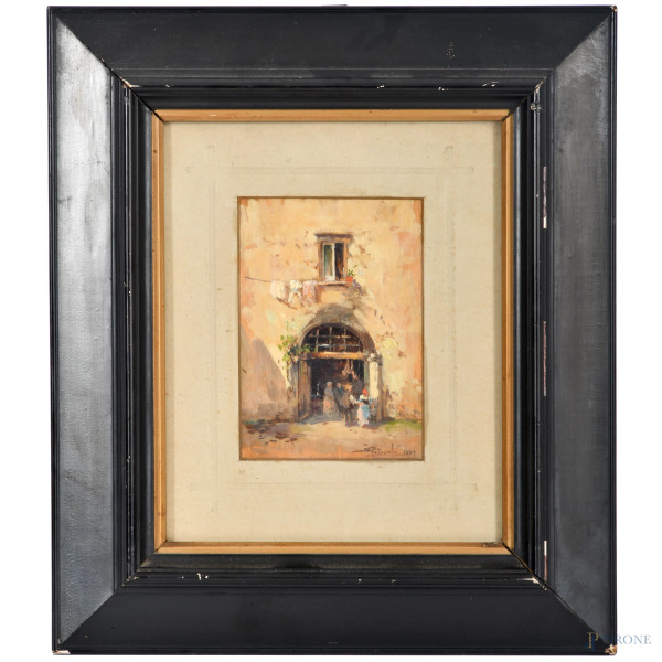 Salvatore Petruolo (Catanzaro, 1857 - Napoli, 1942), Sotto l'androne, olio su tavoletta, cm 13,5x9,5, firmato e datato "1889" in basso a destra, entro cornice