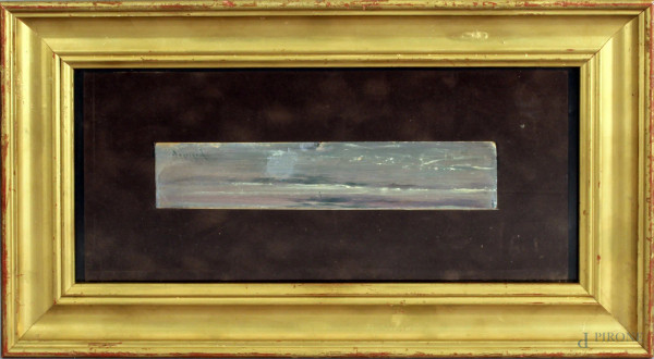 Marina, olio su cartone, cm. 4,5x21,5, firmato entro cornice.