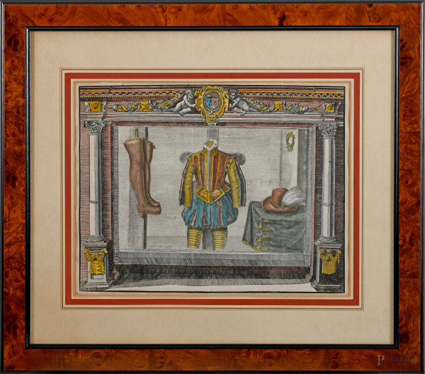 Lotto di due incisioni a colori con scene e costumi cavallereschi, XIX-XX secolo, cm 49x57 compreso passepartout, (piegature e lievi tracce di umidità e ondulazioni della carta)