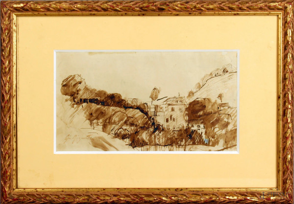 Giacinto Giganti - Paesaggio con case, bozzetto a china su carta, cm. 14x25, entro cornice.