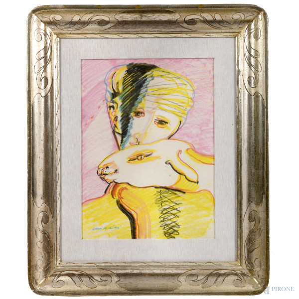Remo Brindisi (Roma, 1918 – Lido di Spina, 1996), Pastorale, tecnica mista su carta, firmato in basso sinistra "Brindisi", misure comprese passepartout cm 48,5x38, entro cornice