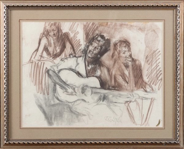 Serata tra amici, XX secolo, disegno a tecnica mista su carta, cm 40x52 compreso passepartout,  firmato in basso, entro cornice, (segni di usura, tracce di piegatura, difetti)