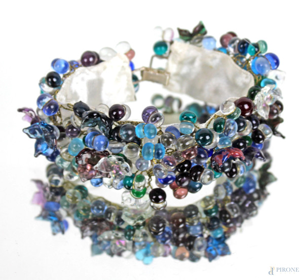 Bracciale con perline in vetro multicolor, chiusura in argento, lunghezza cm 19