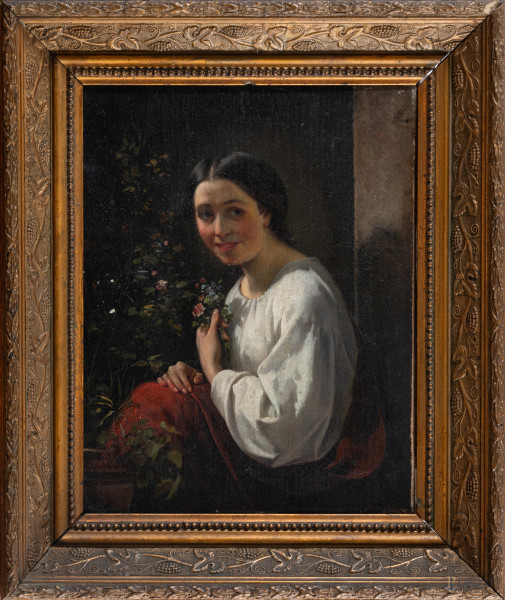 Ragazza con fiori, XIX secolo, olio su tela, cm 31x25, entro cornice, (cadute di colore)