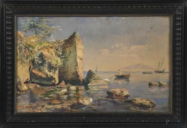 Alessandro La Volpe ( 1820-1887) Veduta del Golfo di Napoli, tecnica mista su carta, cm 28x44, firmato in basso a sinistra, entro cornice, (segni di usura, ossidazioni e ondulazioni della carta, tracce di umidità, restauri)
