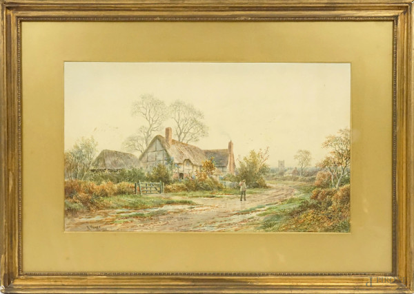 Veduta della campagna inglese con viandante, acquerello su carta, firmato R. Hayes, cm 32x53, entro cornice