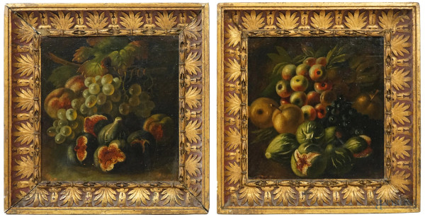 Natura morta, fichi, uva e mele, olio su carta applicata su compensato, cm 30x29, inizi XX secolo, entro cornici.
