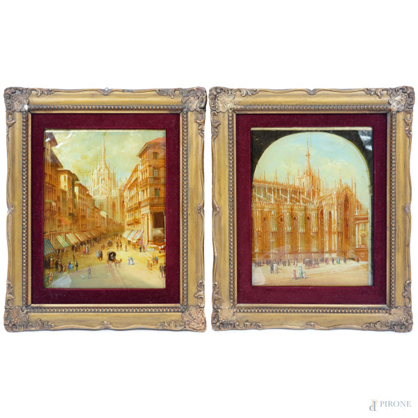 Coppia di dipinti ad olio su tela applicata sottovetro raffiguranti il Duomo di Milano, cm 30,5x24,5, XX secolo, entro cornici