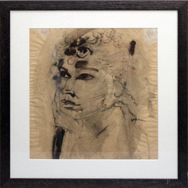 Bruno Cassinari - Volto, tecnica mista su carta, 32x34 cm, entro cornice con autentica