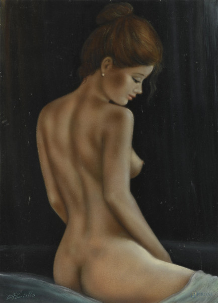 Nudo femminile di spalle, XX secolo, aerografo su tela,  firmato in basso a sinistra, cm 70x50, (lievissimi segni di usura della superficie)