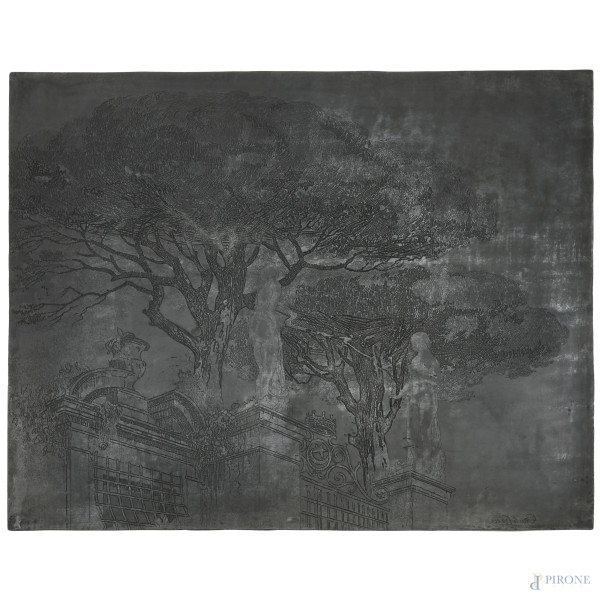 Ingresso di villa con alberi, lastra calcografica, cm 48x60, firmata in basso a destra, (segni di usura). 
