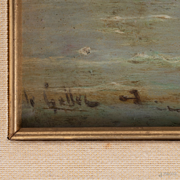 L'approdo, XX secolo, olio su tavoletta, cm 17x22, firmato e datato in basso a sinistra, entro co...
