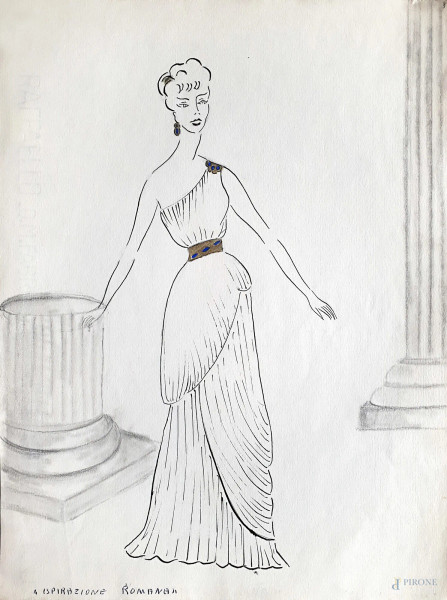 Enrica Berna Leoni (XX sec.), bozzetto raffigurante studio di moda per &#160;abbigliamento femminile, anni 40, tempera e tecnica mista su carta, cm 24x33, firmato