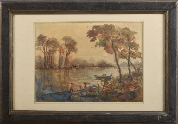 Villa Borghese, XX secolo, tecnica mista su carta, cm 32,5x51 compreso passepartout, firmato in basso a destra, entro cornice, (ossidazioni, ondulazione della carta, segni di usura)