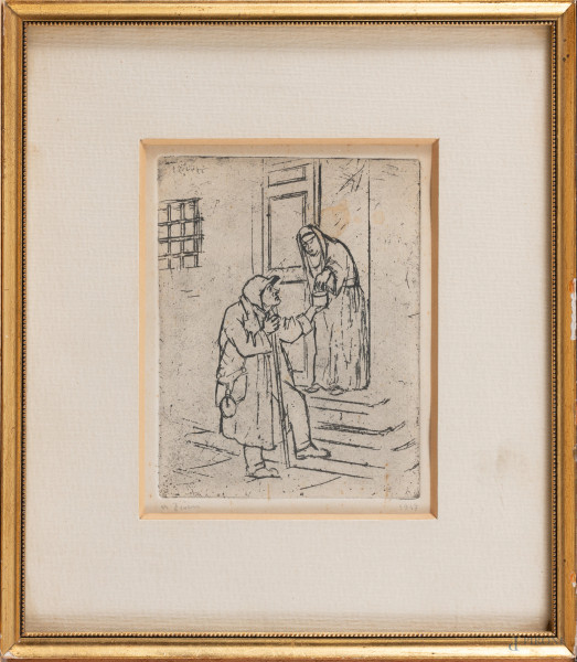 L'elemosina, XX secolo, acquaforte, cm 25x22 compreso passepartout, entro cornice, segni di usura, tracce di umidità, foxing, ondulazioni della carta)
