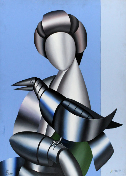 Donna con volatile, olio su tela, cm. 70x50, firmato Russo.