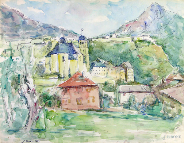 Artista francese del Novecento, Paesaggio con case e cattedrale, tecnica mista su carta, cm 32x25    
