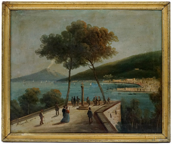 Terrazza sul Golfo di Napoli, olio su tela, cm 50x63,5, firmato, entro cornice.