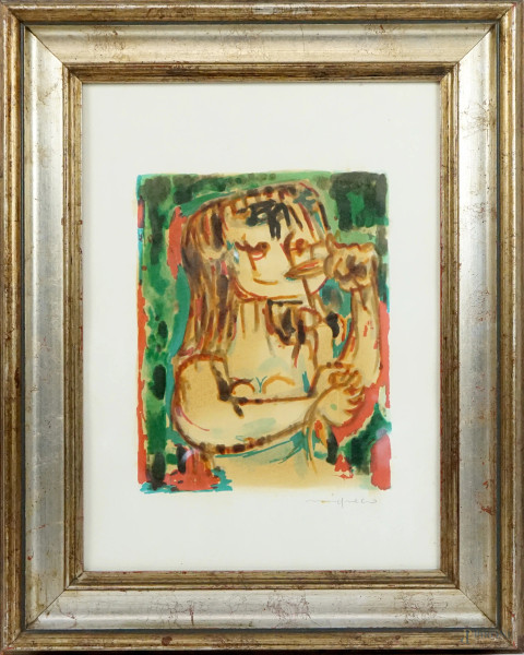 Giuseppe Migneco - Figura, litografia, cm 44x32, entro cornice.