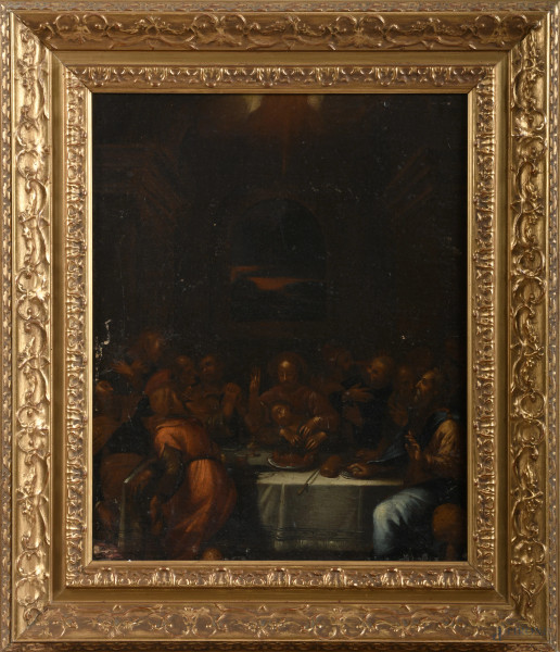 Ultima Cena, XIX secolo, olio su tela, cm 42x34, entro cornice, (segni di usura, abrasioni, cadute di colore, restauri, difetti)
