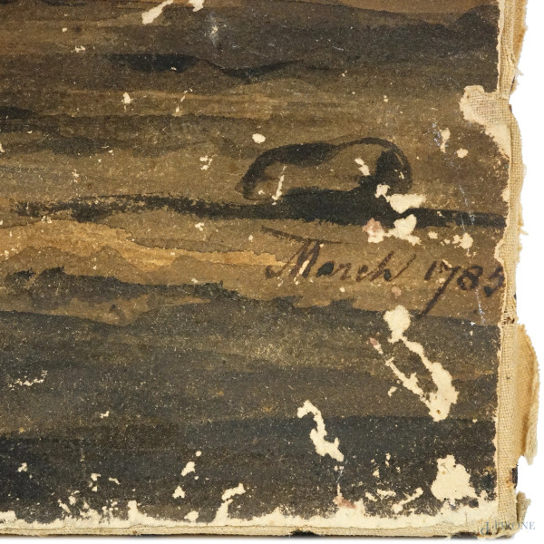 Combattimento tra cavalli, tecnica mista su carta applicata su tela, datato in basso a destra "Ma...