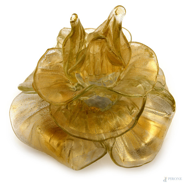 Fiore in vetro di di Murano trasparente spruzzzato oro, XX secolo, cm 13x16x15