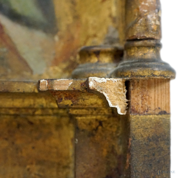 Pittore del XIX-XX secolo, Madonna con il Bambino e santi, olio su tavola, cm 68x36,5 (difetti)