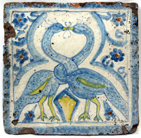 Antica mattonella smaltata a soggetto di pavoni, arte orientale, 20x20 cm