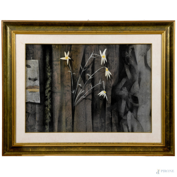 Parete chiusa, tecnica mista su tela, firmato, titolato al retro e datato gennaio 1970 al retro, cm 53,5x77,5, entro cornice, (sottile lacerazione della tela)