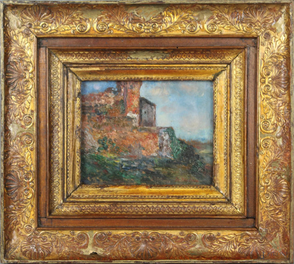 Paesaggio con castello, olio su tavola 12x15cm, firmato Duclere, entro cornice.