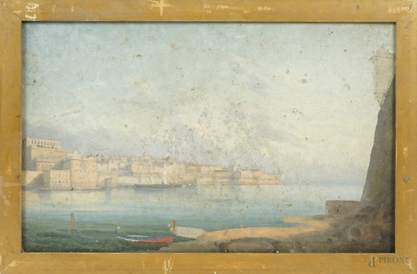 Veduta del Golfo di Napoli, cm 25x41, sec. XIX, tempera su carta, cm 25x41, entro cornice, (difetti)