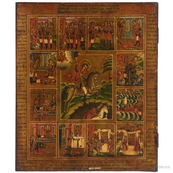 Icona raffigurante episodi della vita di San Giorgio, XIX secolo, tempera su tavola, cm 46x38, (segni di usura, difetti)