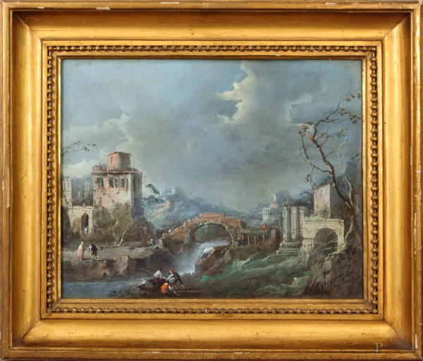 Paesaggio con rovine e figure, olio su tela, 35x45 cm entro cornice