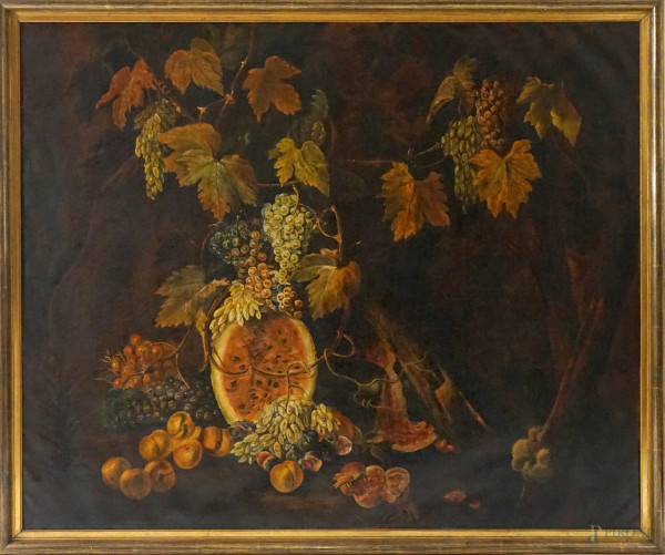 Omaggio a Ruoppolo, Natura morta - Anguria, uva e fichi, olio su tela, cm 133x162, firmato a tergo Alberto Lanza 1959, entro cornice.